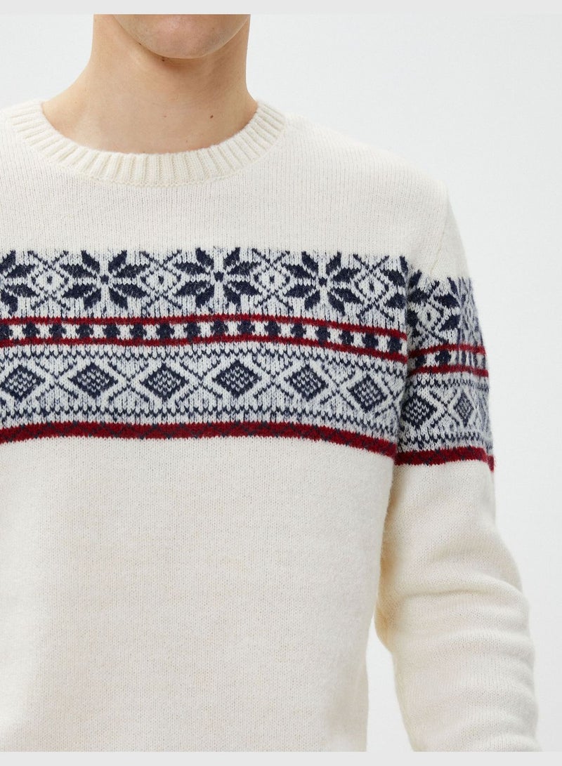 Acrylic Blend Sweater Crew Neck Ethnic Patterned