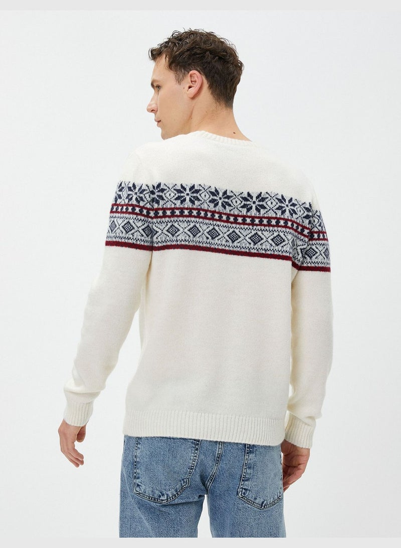 Acrylic Blend Sweater Crew Neck Ethnic Patterned