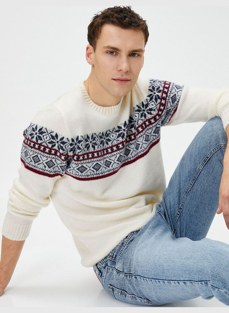 Acrylic Blend Sweater Crew Neck Ethnic Patterned