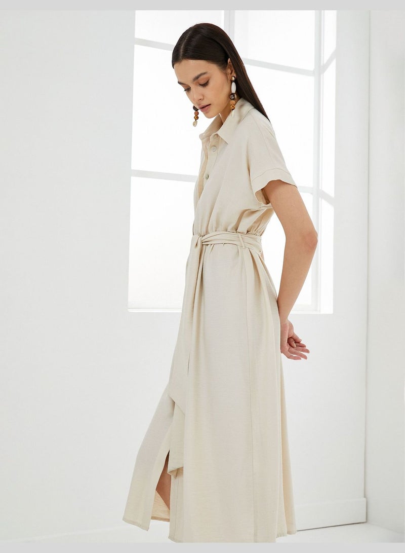 Buttoned Belted Midi Dress