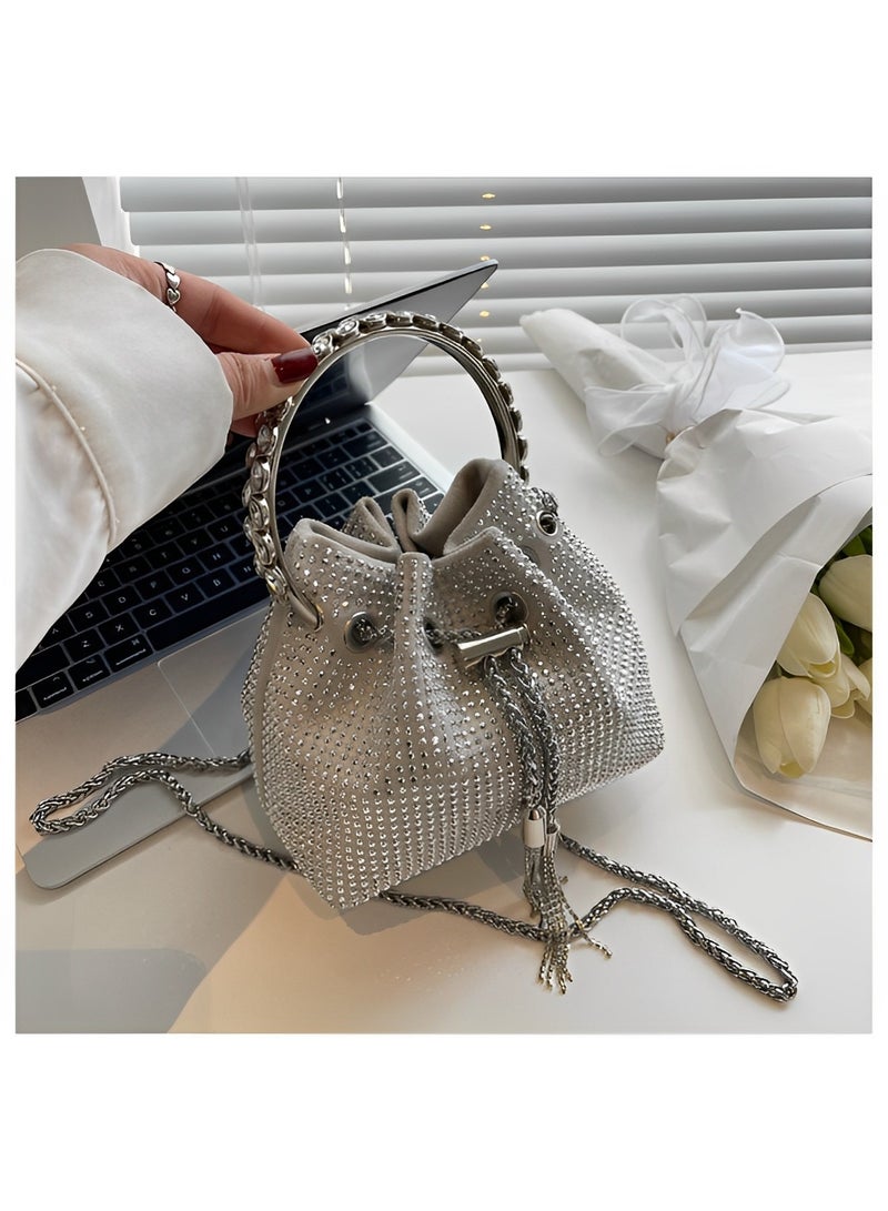 Women's Full Diamonds Bucket Handbag Rhinestone Clutch Purse Evening Clutch for Women Party Prom Cocktail Wedding