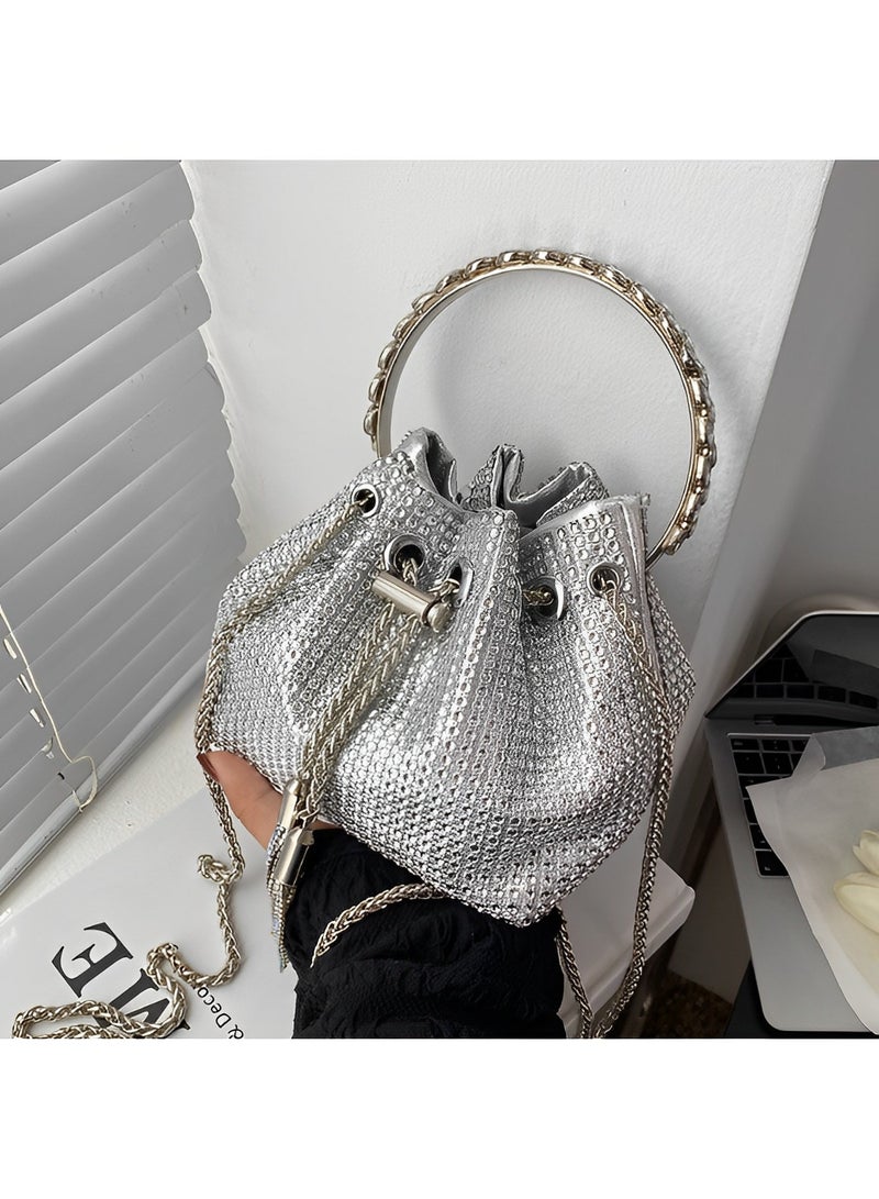 Women's Full Diamonds Bucket Handbag Rhinestone Clutch Purse Evening Clutch for Women Party Prom Cocktail Wedding