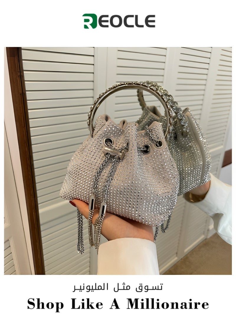 Women's Full Diamonds Bucket Handbag Rhinestone Clutch Purse Evening Clutch for Women Party Prom Cocktail Wedding