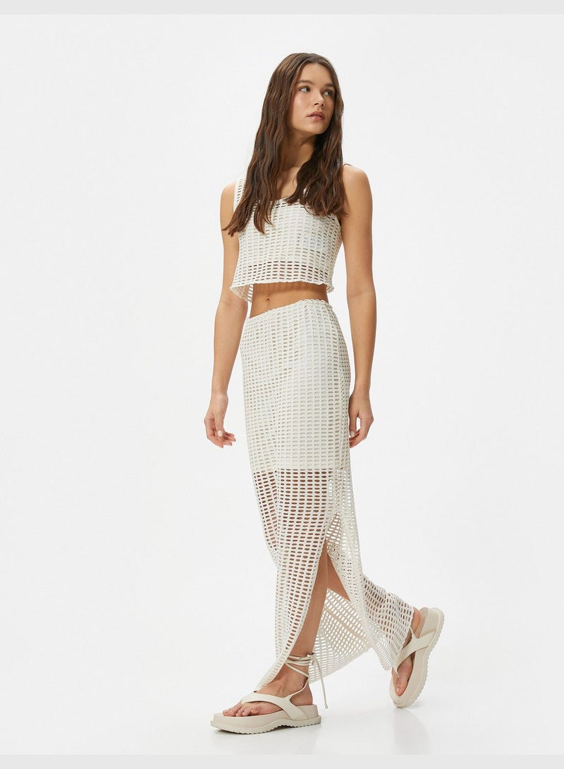 Mesh Midi Skirt High Rise Side Slit Detail Lined Slim Fit