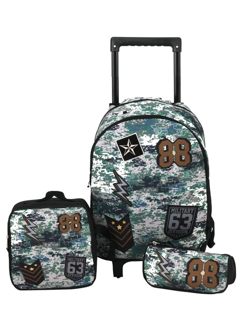 Live Up 3 in 1 camouflage trolley school bag with lunch bag and pencil case 2 pockets and 2 side pockets (30*12*42)