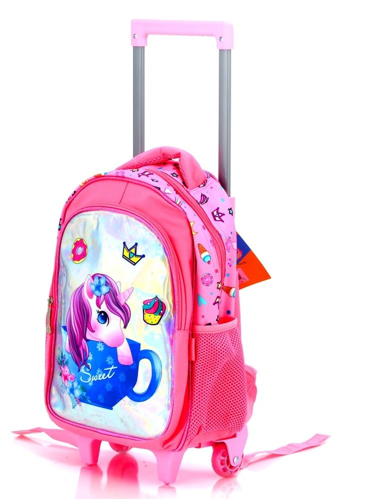 Liveup Pink Unicorn Trolley Kindergarten School Bag with 2 big pockets and 2 side pockets (28*14*37)