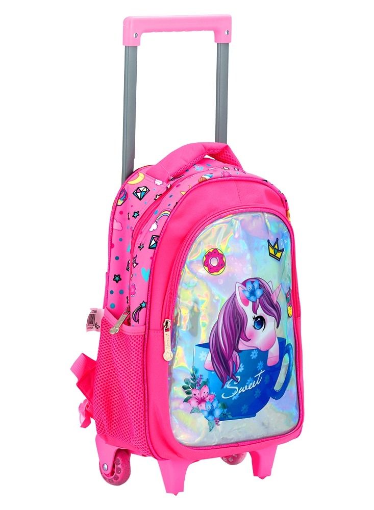 Liveup Pink Unicorn Trolley Kindergarten School Bag with 2 big pockets and 2 side pockets (28*14*37)