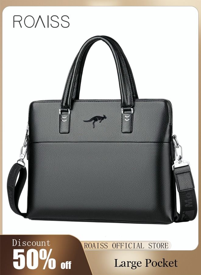 Classic PU Business Leather Briefcase 14-Inch Laptop Bag Large Slim Messenger Bag Soft Top Handle Handbag with Long Straps for Men Travel Office Work Black