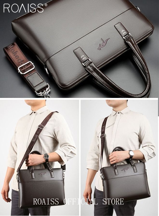 Classic PU Business Leather Briefcase 14-Inch Laptop Bag Large Slim Messenger Bag Soft Top Handle Handbag with Long Straps for Men Travel Office Work