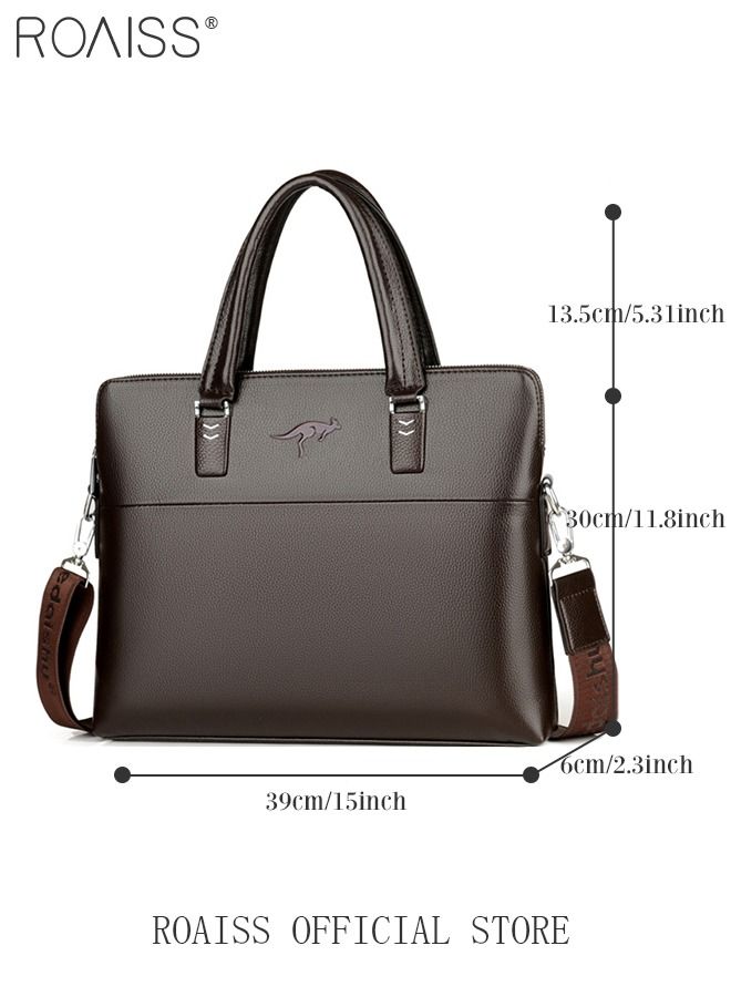 Classic PU Business Leather Briefcase 14-Inch Laptop Bag Large Slim Messenger Bag Soft Top Handle Handbag with Long Straps for Men Travel Office Work