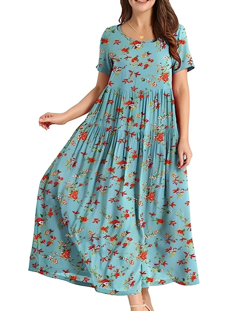 Women's Bohemian Floral Dress Casual Loose Short Sleeve Long Maxi Dress Summer Beach Swing Dress