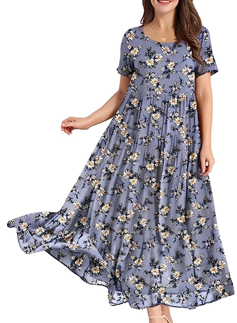Women's Bohemian Floral Dress Casual Loose Short Sleeve Long Maxi Dress Summer Beach Swing Dress