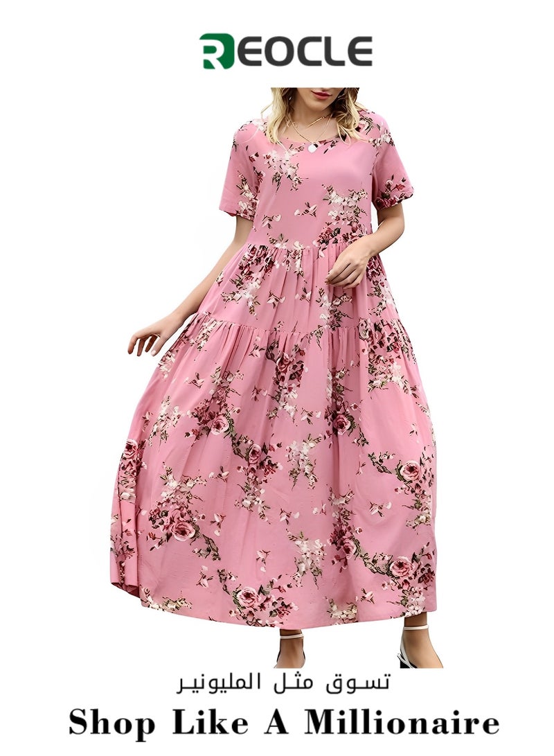 Women's Bohemian Floral Dress Casual Loose Short Sleeve Long Maxi Dress Summer Beach Swing Dress