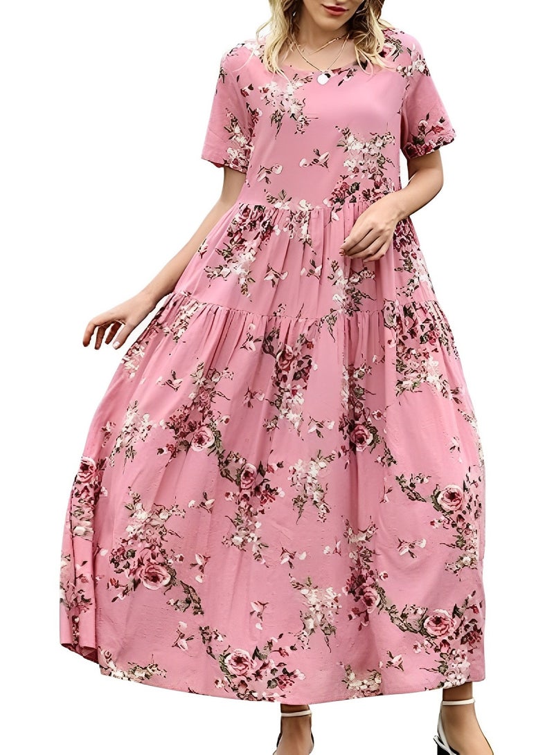 Women's Bohemian Floral Dress Casual Loose Short Sleeve Long Maxi Dress Summer Beach Swing Dress
