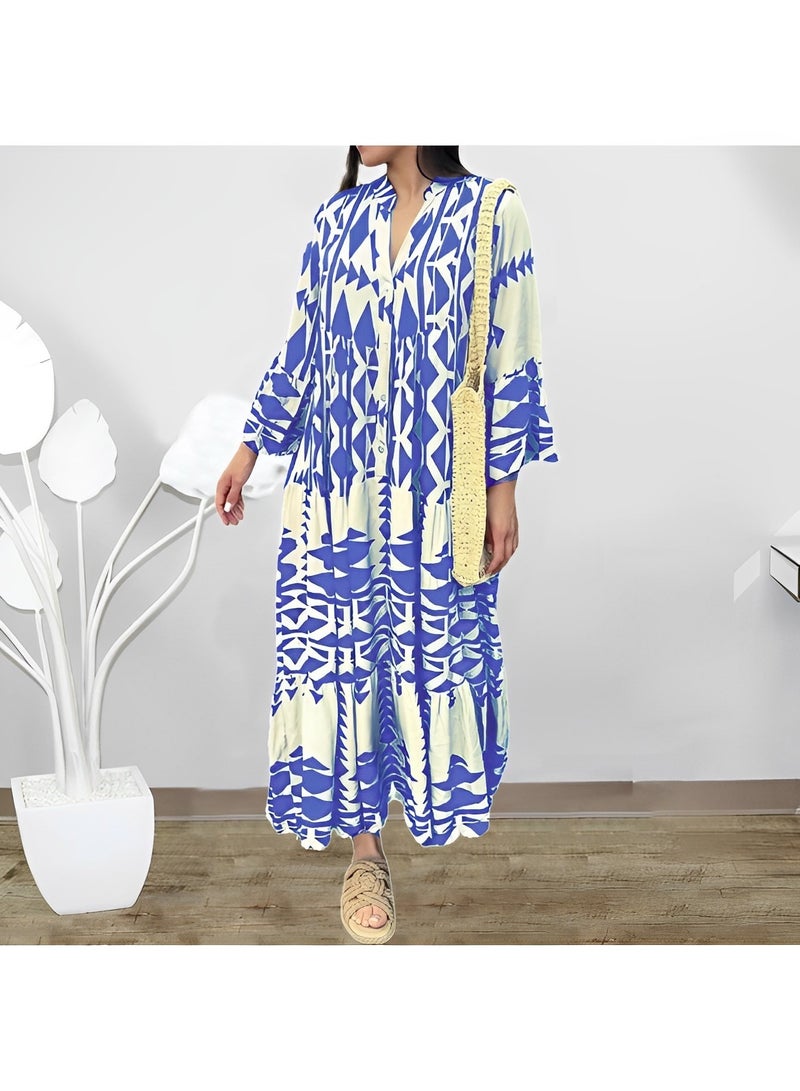 Women's Maxi Dress Flowy Bohemian Dresses Long Sleeve Cotton V-Neck Button Up Floral Print Long Dresses