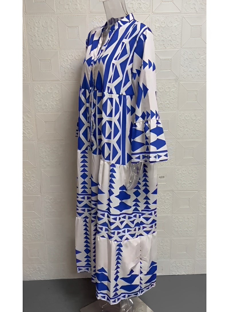 Women's Maxi Dress Flowy Bohemian Dresses Long Sleeve Cotton V-Neck Button Up Floral Print Long Dresses