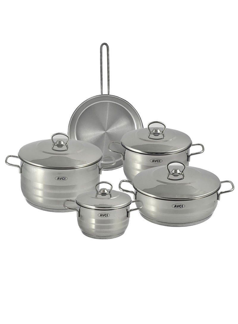 9-Piece Astre Cookware Set - 18/10 Cr-Ni Stainless Steel - 3 Deep Pots - 1 Low Pot - 1 Frypan