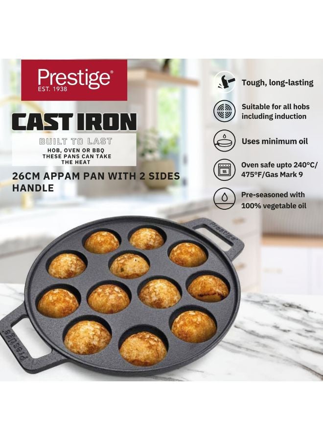 Prestige Cast Iron Appam Pan 26 CM | Duel Handle Appam Pan | Pre Seasoned Induction Cookware Black - PR48908