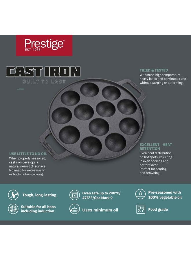 Prestige Cast Iron Appam Pan 26 CM | Duel Handle Appam Pan | Pre Seasoned Induction Cookware Black - PR48908