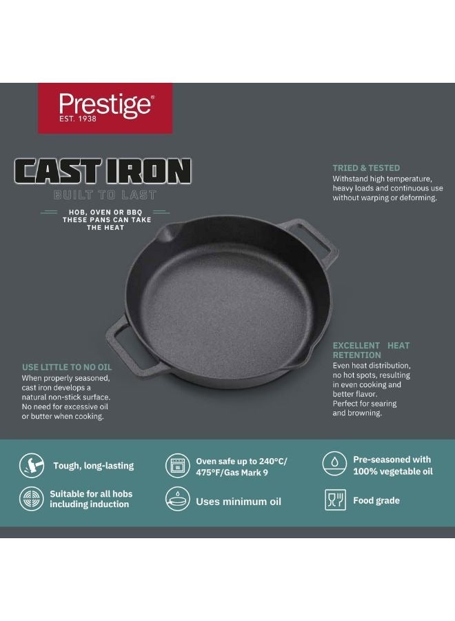 Prestige Cast Iron Dual Handle Fry Pan 24 cm | Cast Iron Skillet | Induction Frying Pan | Iron Fry Pan |  Pre-Seasoned Cast Iron Cookware PR48887
