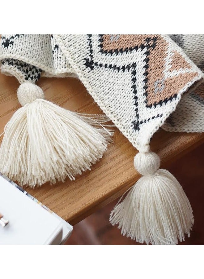 Boho Throw Blanket, Home Decor Stripe Woven Blanket with Tassels, Super Soft Cozy Lightweight Warm for Chair Bed Couch Decorative, Knit Throw Blankets for Bed Couch Sofa Office (127x180cm, Beige)