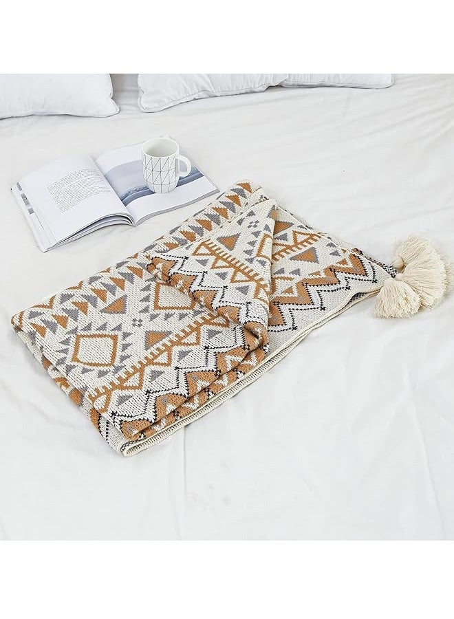 Boho Throw Blanket, Home Decor Stripe Woven Blanket with Tassels, Super Soft Cozy Lightweight Warm for Chair Bed Couch Decorative, Knit Throw Blankets for Bed Couch Sofa Office (127x180cm, Beige)