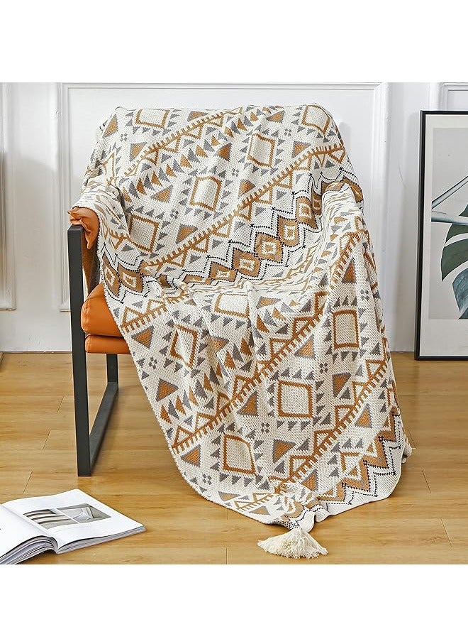 Boho Throw Blanket, Home Decor Stripe Woven Blanket with Tassels, Super Soft Cozy Lightweight Warm for Chair Bed Couch Decorative, Knit Throw Blankets for Bed Couch Sofa Office (127x152cm, Beige)