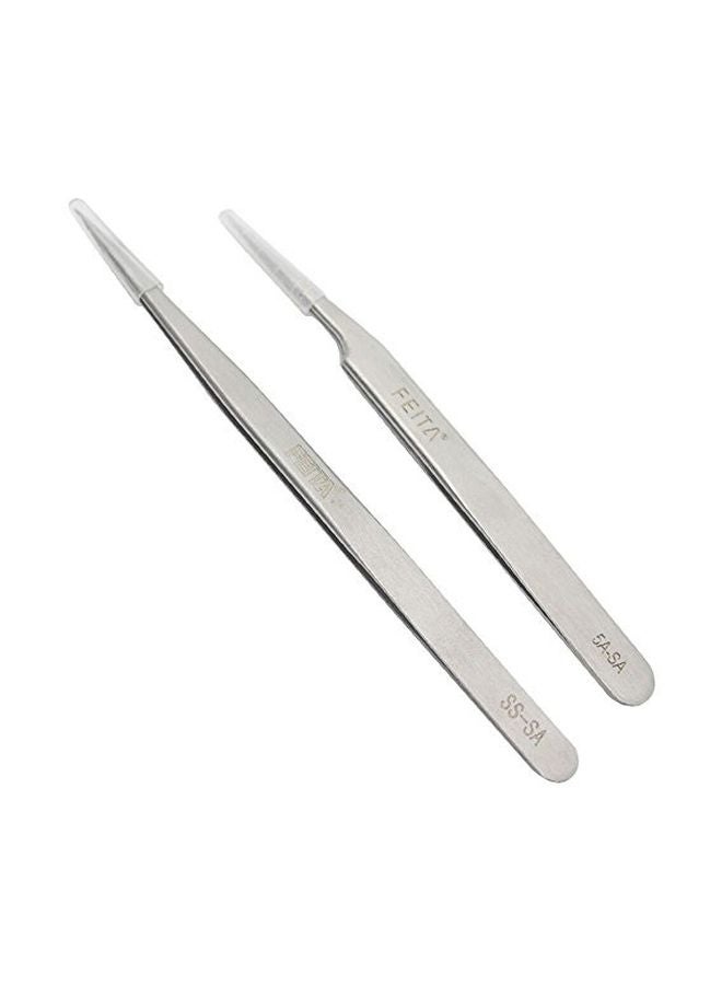 2-Piece Stainless Steel Tweezers Silver