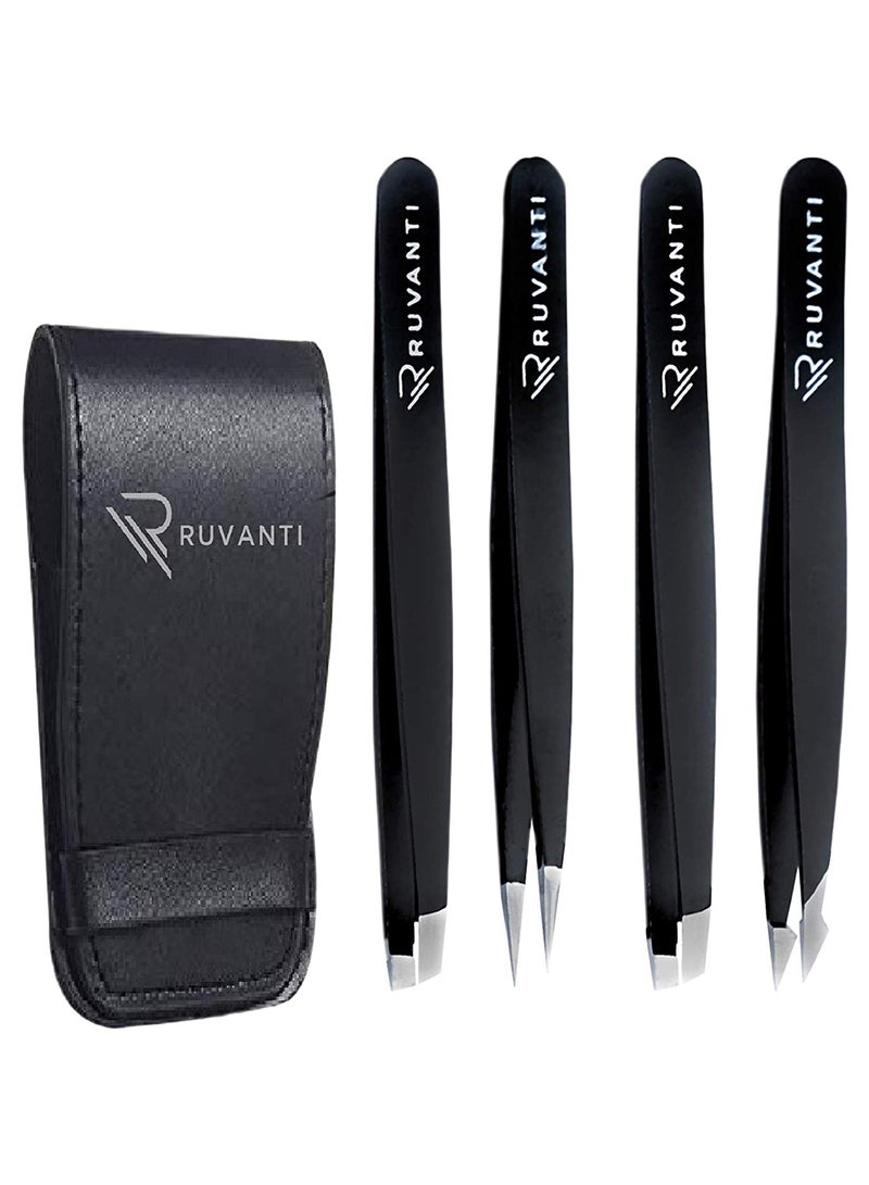 4-Piece Professional Tweezers Set Black