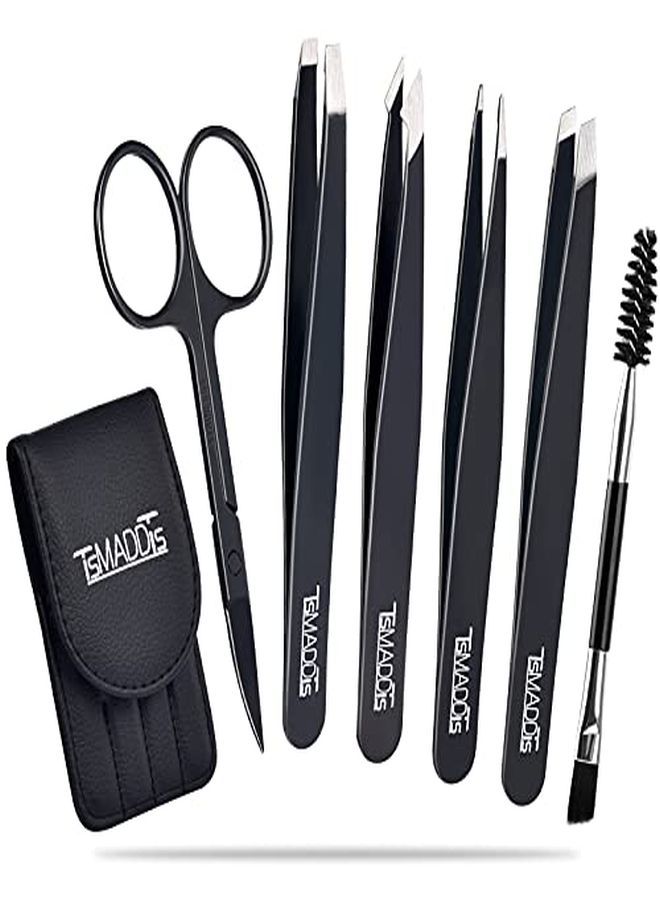 Tweezers Set And Curved Scissors, Professional Stainless Steel Tweezers For Women And Men, 6 Pack Precision Tweezers For Eyebrows For Ingrown Hair, Plucking Daily Beauty Tool With Leather Travel Case