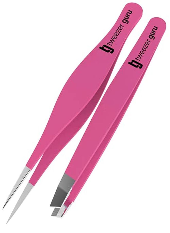 Eyebrow Tweezers For Women & Men - Set Of 2, Professional, Stainless Steel, Slant And Pointed Tweezers For Ingrown Hair, Splinters And Blackhead Removal (Pink)