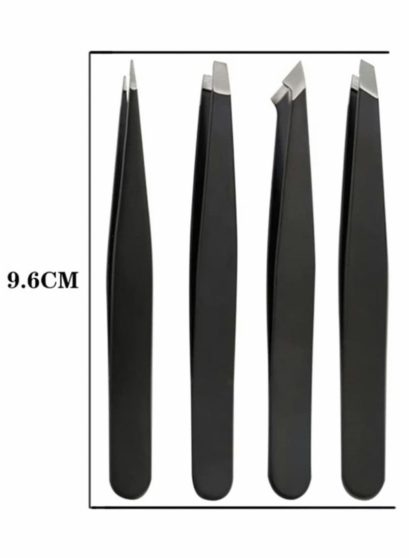 Tweezers Set, for Eyebrows, Great Precision Eyebrow Set Removal Ingrown Fine Hair, Facial Hair and Splinter, Splinter Blackhead Remover Gifts, 4 Pcs (Black)