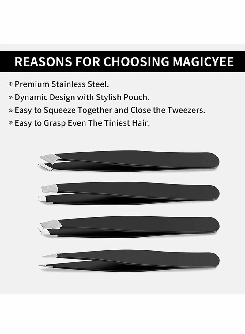 Tweezers Set, for Eyebrows, Great Precision Eyebrow Set Removal Ingrown Fine Hair, Facial Hair and Splinter, Splinter Blackhead Remover Gifts, 4 Pcs (Black)