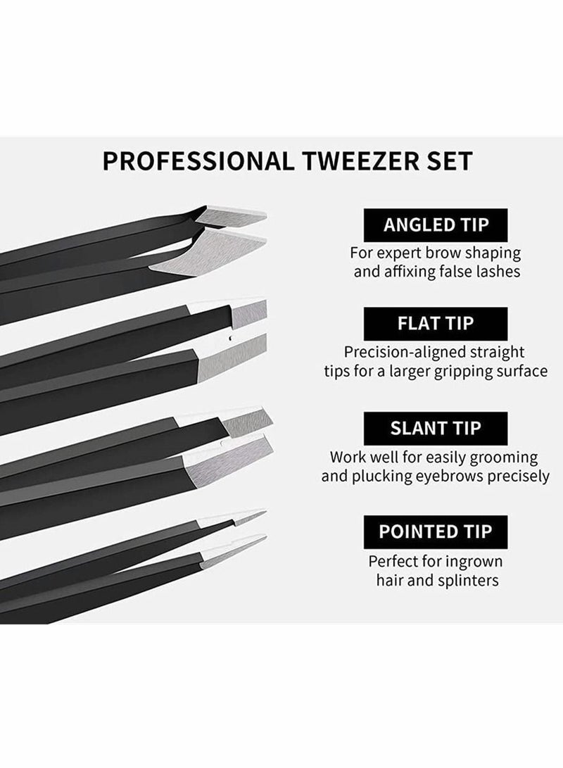 Tweezers Set, for Eyebrows, Great Precision Eyebrow Set Removal Ingrown Fine Hair, Facial Hair and Splinter, Splinter Blackhead Remover Gifts, 4 Pcs (Black)