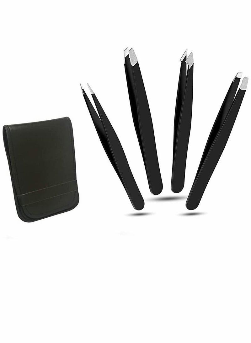 Eyebrows Tweezers Set, 4 Pcs Woman and Men Precision Eyebrow Set with Travel Case, for Ingrown Fine Hair Removal, Splinter Blackhead Remover Gifts (Black)