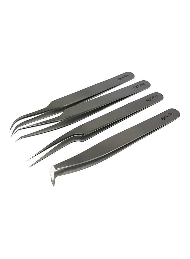 4-Piece Eyelash Extension Tweezers Kit Silver 10centimeter