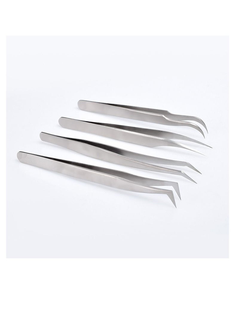 4-Piece Eyelash Extension Tweezers Kit Silver 10centimeter
