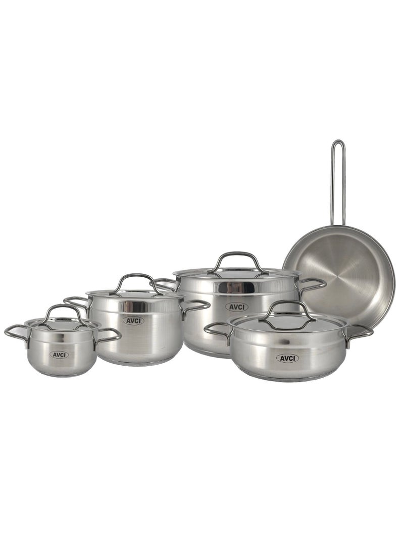 9-Piece Alfa Cookware Set - 18/10 Cr-Ni Stainless Steel - 3 Deep Pots - 1 Low Pot - 1 Frypan