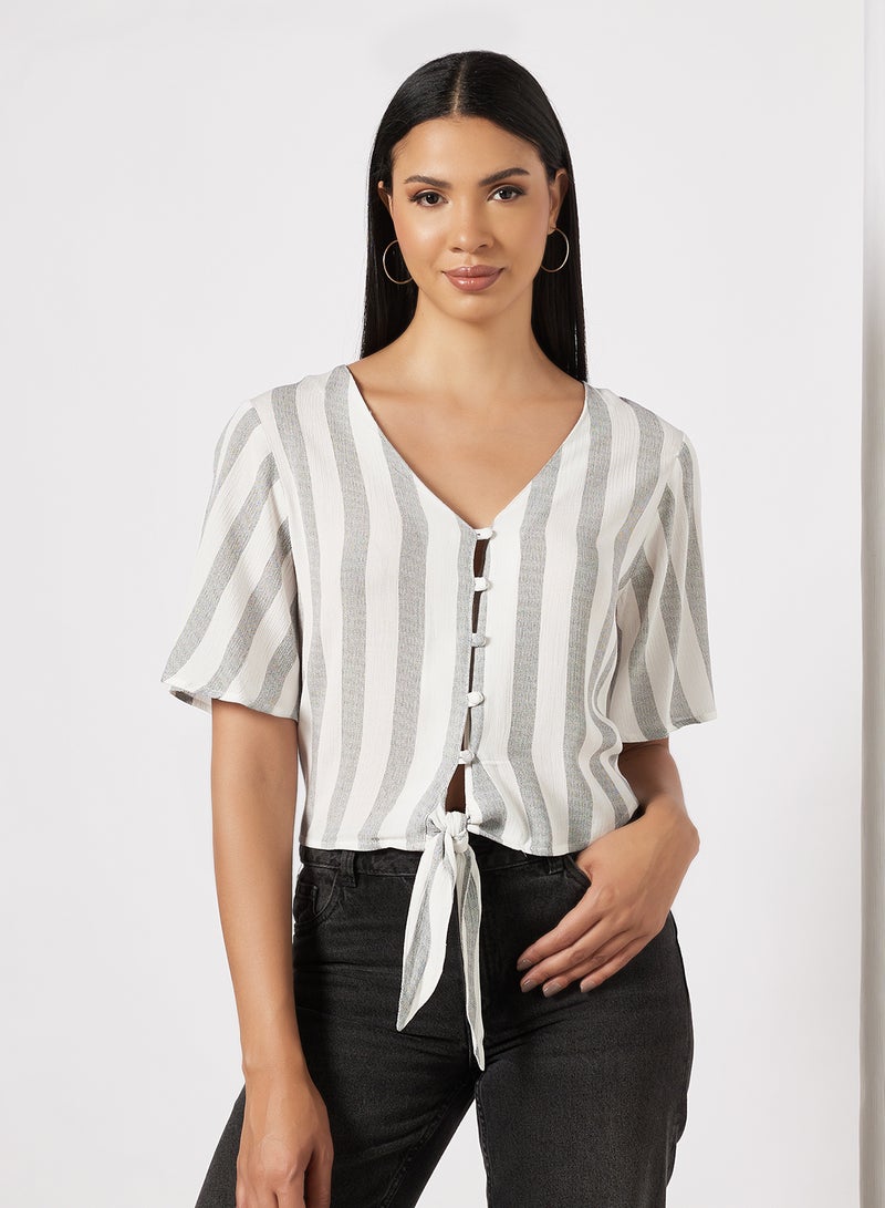 Front Tie Striped Top Grey