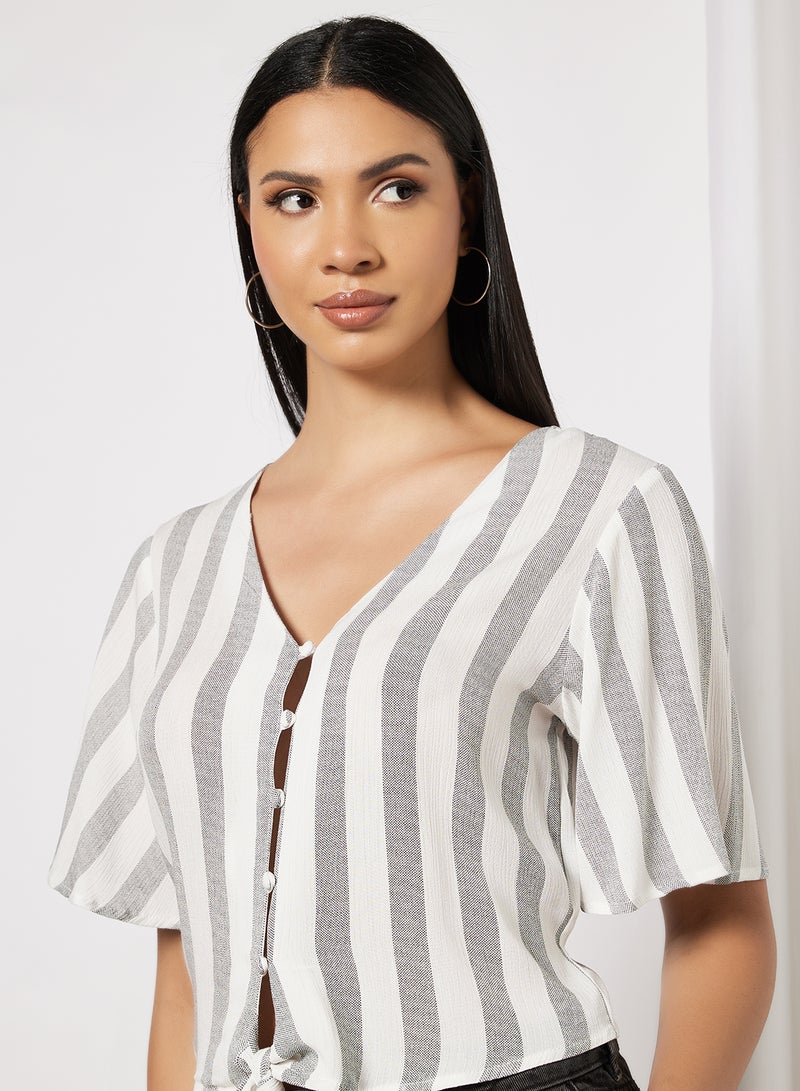 Front Tie Striped Top Grey