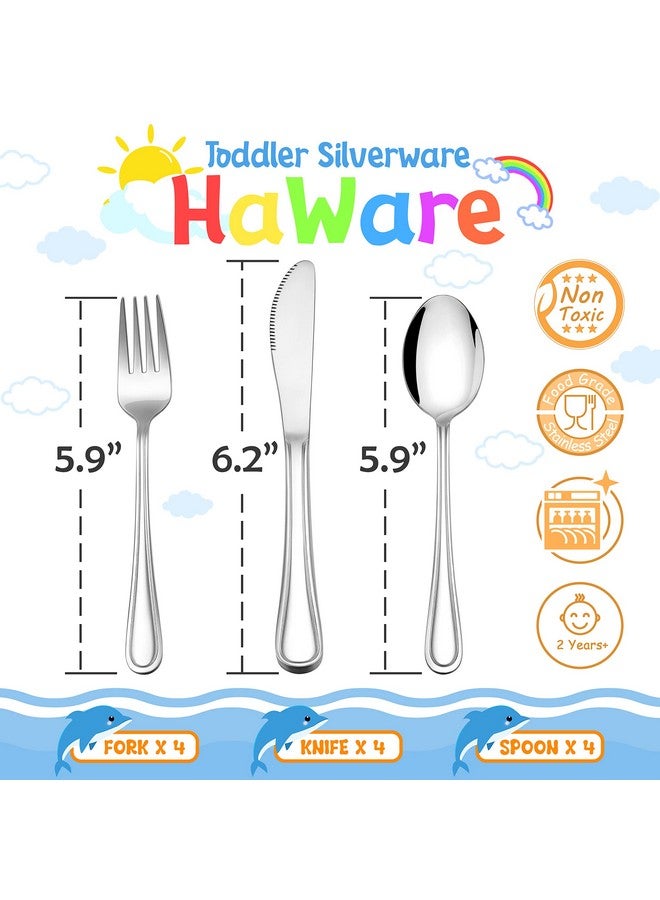 12Piece Kids Silverware Haware Stainless Steel Toddler Utensils Flatware Set Preschooler Eating Utensils Includes 4 Spoons 4 Forks 4 Knives Metal Children Cutlery For Home School Mirror Finished
