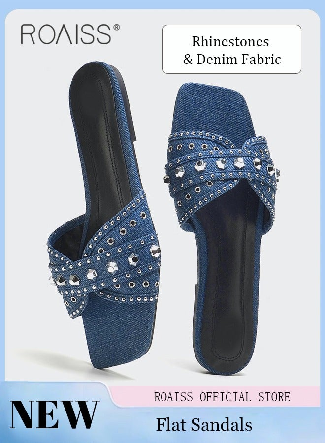 Square Toe Casual Sandals For Women Toe Open Denim Rivet Decoration Flat Slippers Outer Wear Stylish Shoes