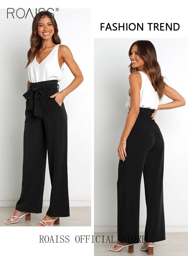 Women Career Suit Pants with Light Business Style Relaxed Straight Leg Trousers Versatile Wide Leg Long Pants with Waist Belt Perfect for Stylish and Sophisticated Commute