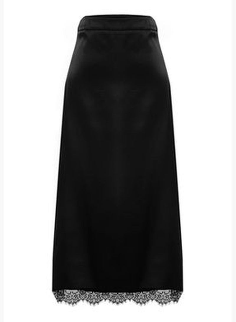 Black Satin Skirt with Lace Detail Midi Woven Skirt TWOSS24ET00101