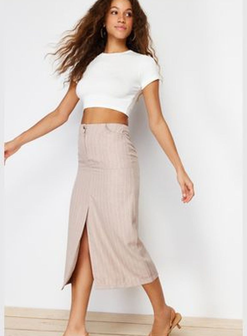 Beige Striped Slit Detailed Midi Woven Skirt TWOSS24ET00100