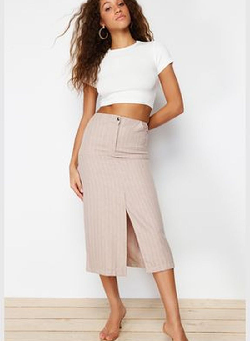 Beige Striped Slit Detailed Midi Woven Skirt TWOSS24ET00100