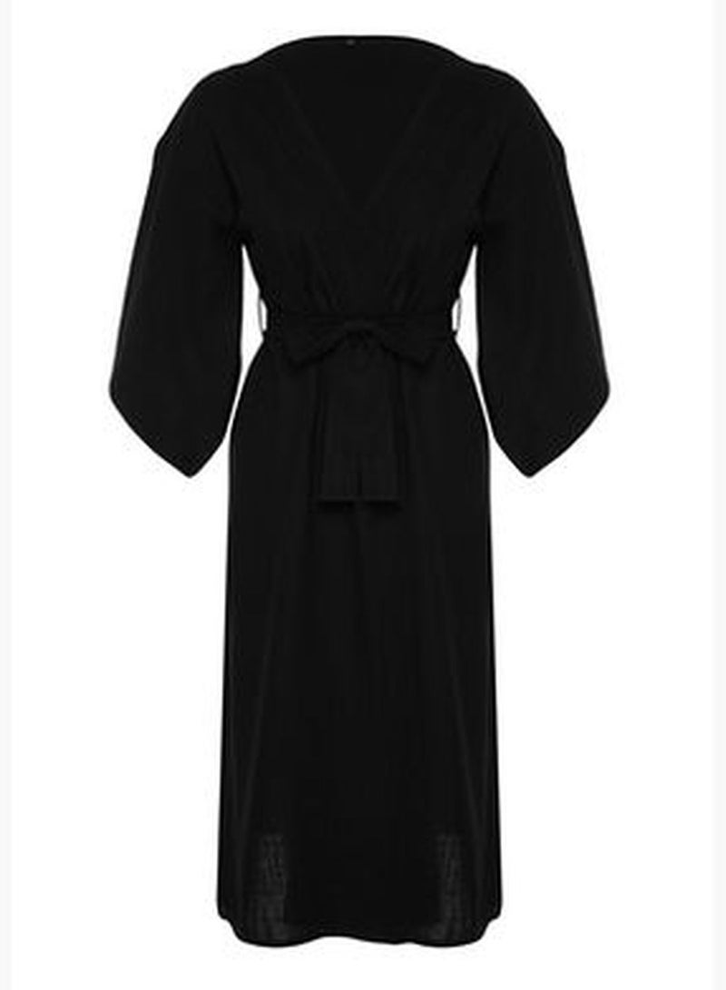 Black Belted Maxi Woven Linen Look Kimono&Kaftan
