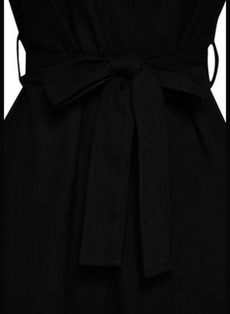 Black Belted Maxi Woven Linen Look Kimono&Kaftan