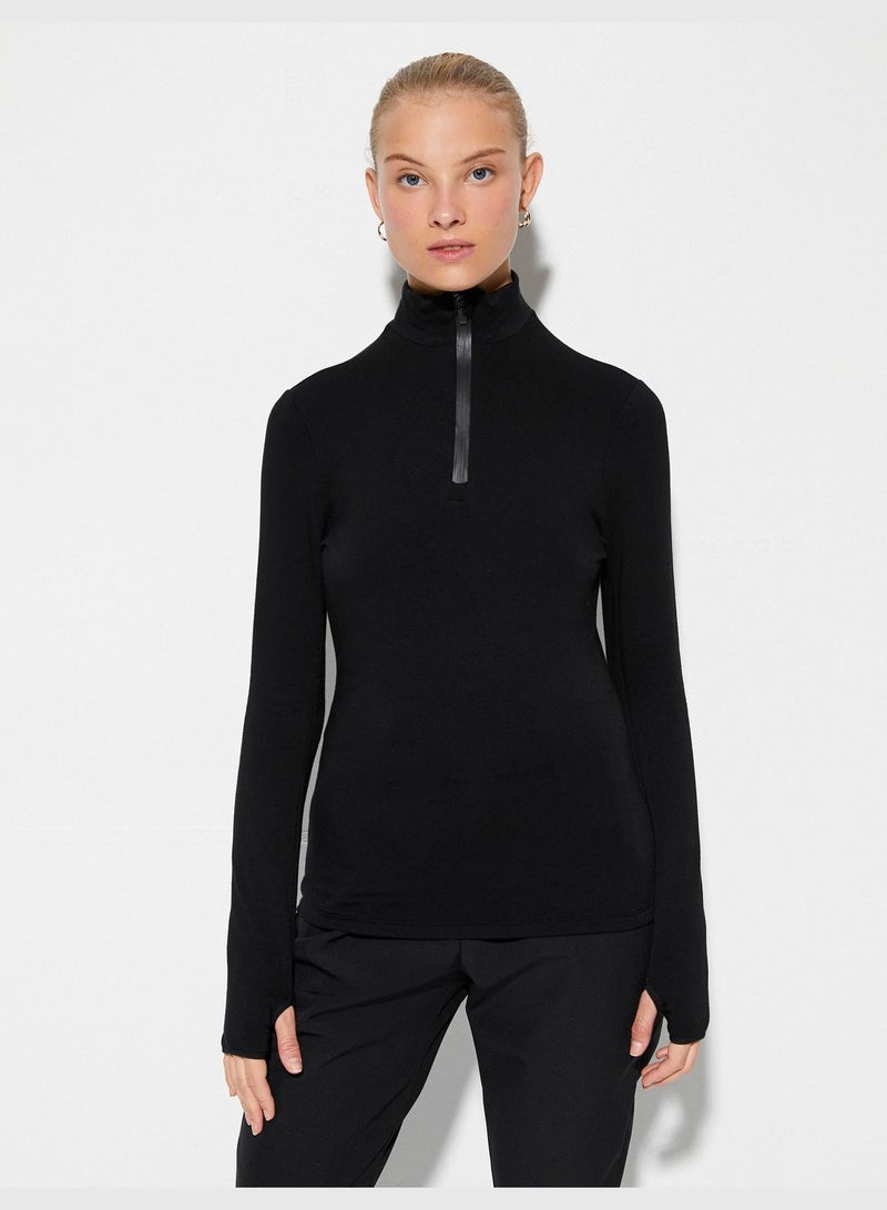 Half Zipper Detail High Neck Long Sleeve Ski T-Shirt