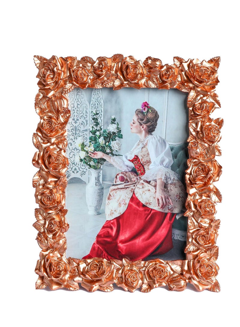 Vintage Picture Photo Frame Flower Leaf with Glass Front Antique Display for Tabletop Wall Hanging Home Office Shop Store Decoration Festivals Gift Rose Gold 3x4.8In